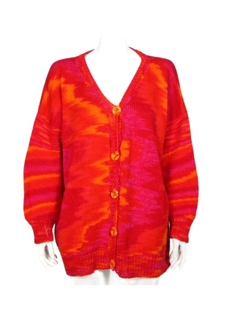 Vintage Homespun Pink Red Orange Space Dye Granny Cardigan Sweater L/XL /438